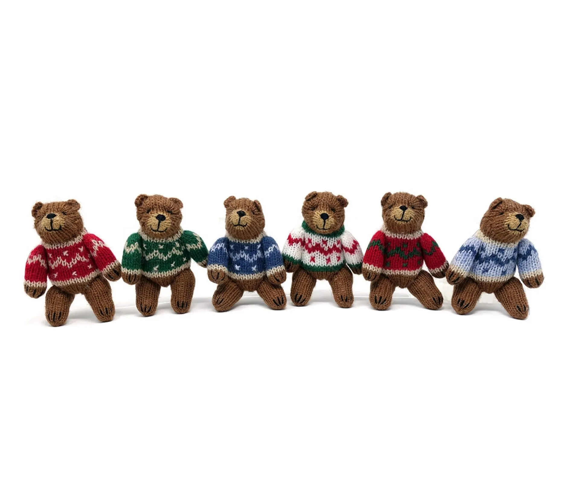 6 Hand Knit Bears in Sweaters Christmas Ornaments, Fair Trade, Peru