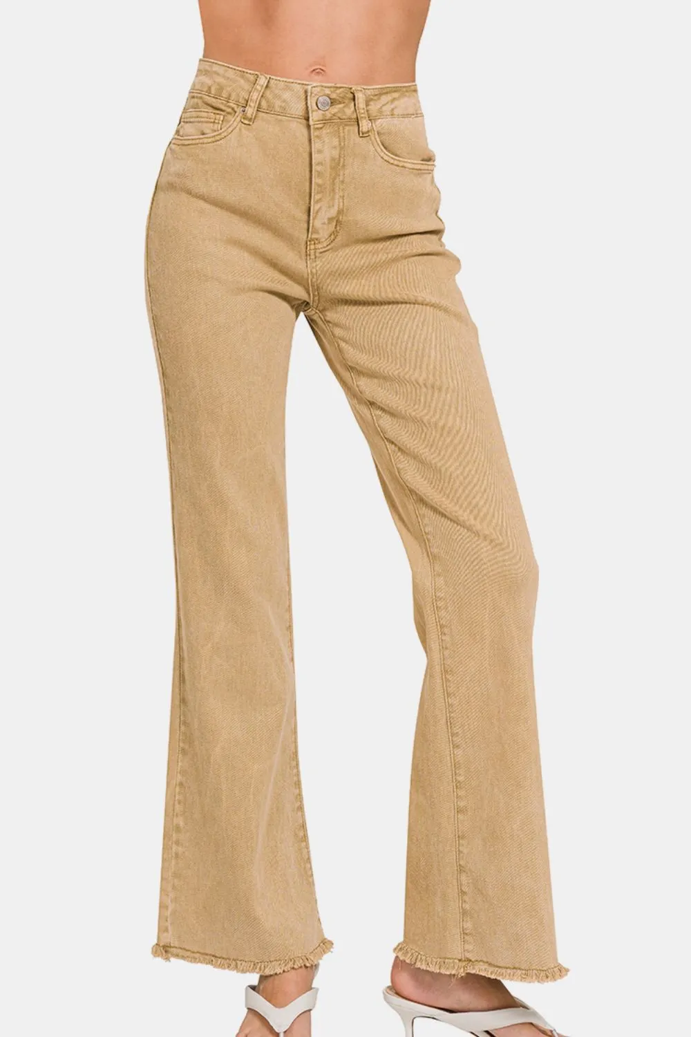 Acid Washed Frayed Hem Bootcut Jeans in Lt Camel