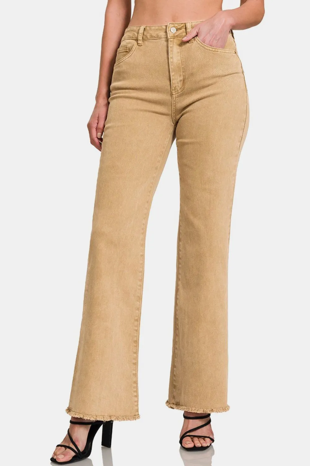 Acid Washed Frayed Hem Bootcut Jeans in Lt Camel