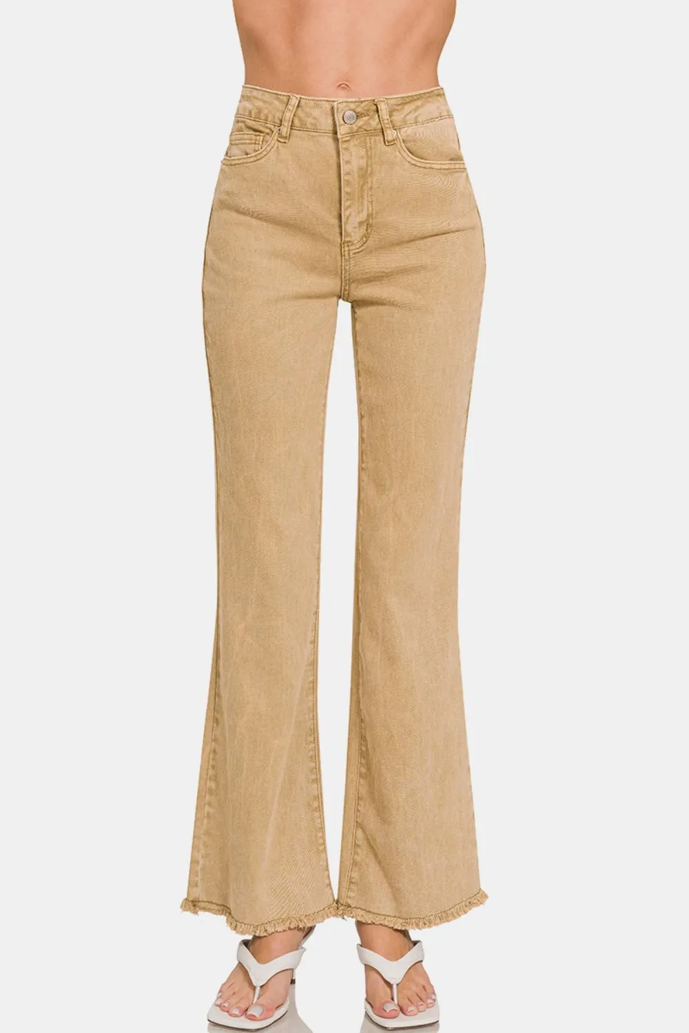 Acid Washed Frayed Hem Bootcut Jeans in Lt Camel