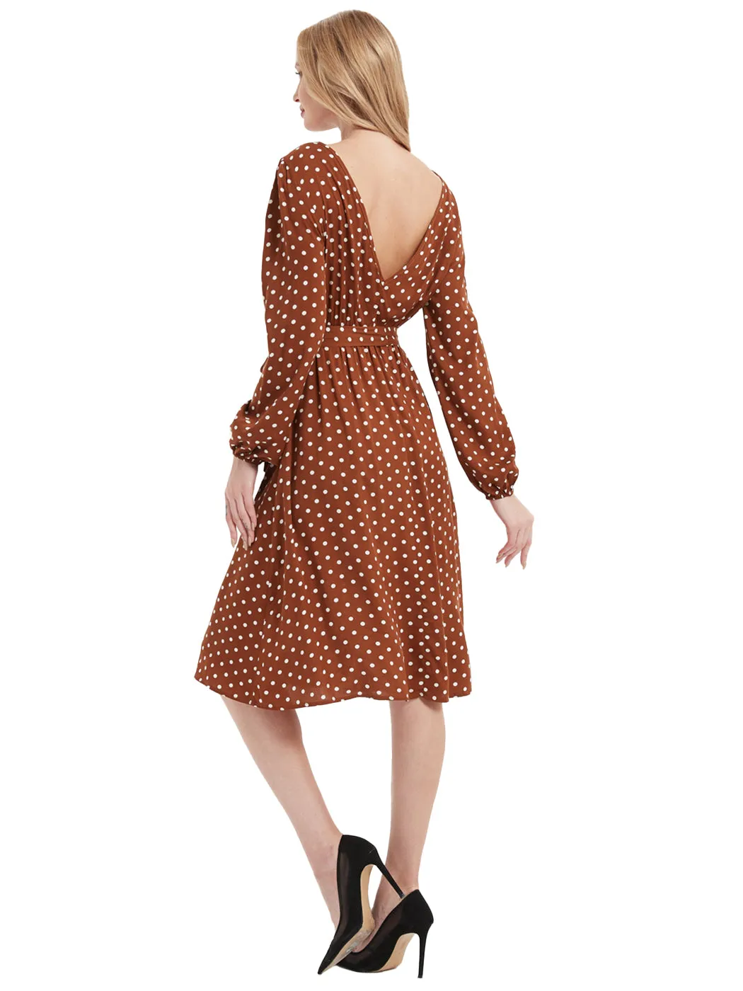 Anna-Kaci Sexy Backless Polka Dot Dress for Women Long Sleeve Round Neck Tie Waist A-Line Dresses