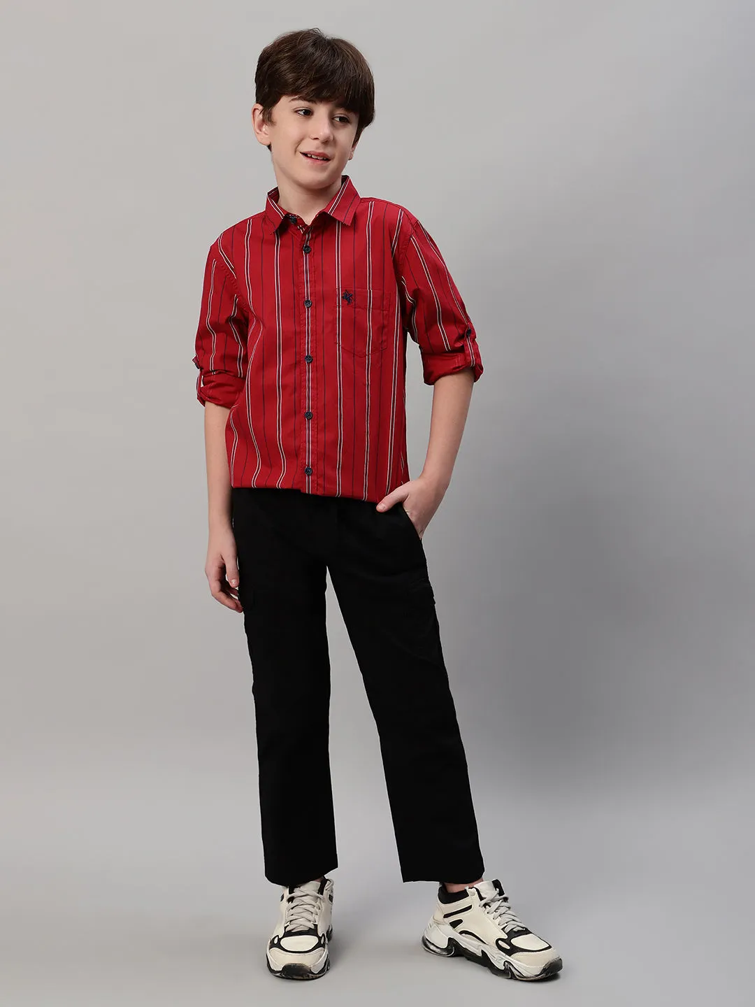 Boy's Maroon Striped Full Sleeve Shirt