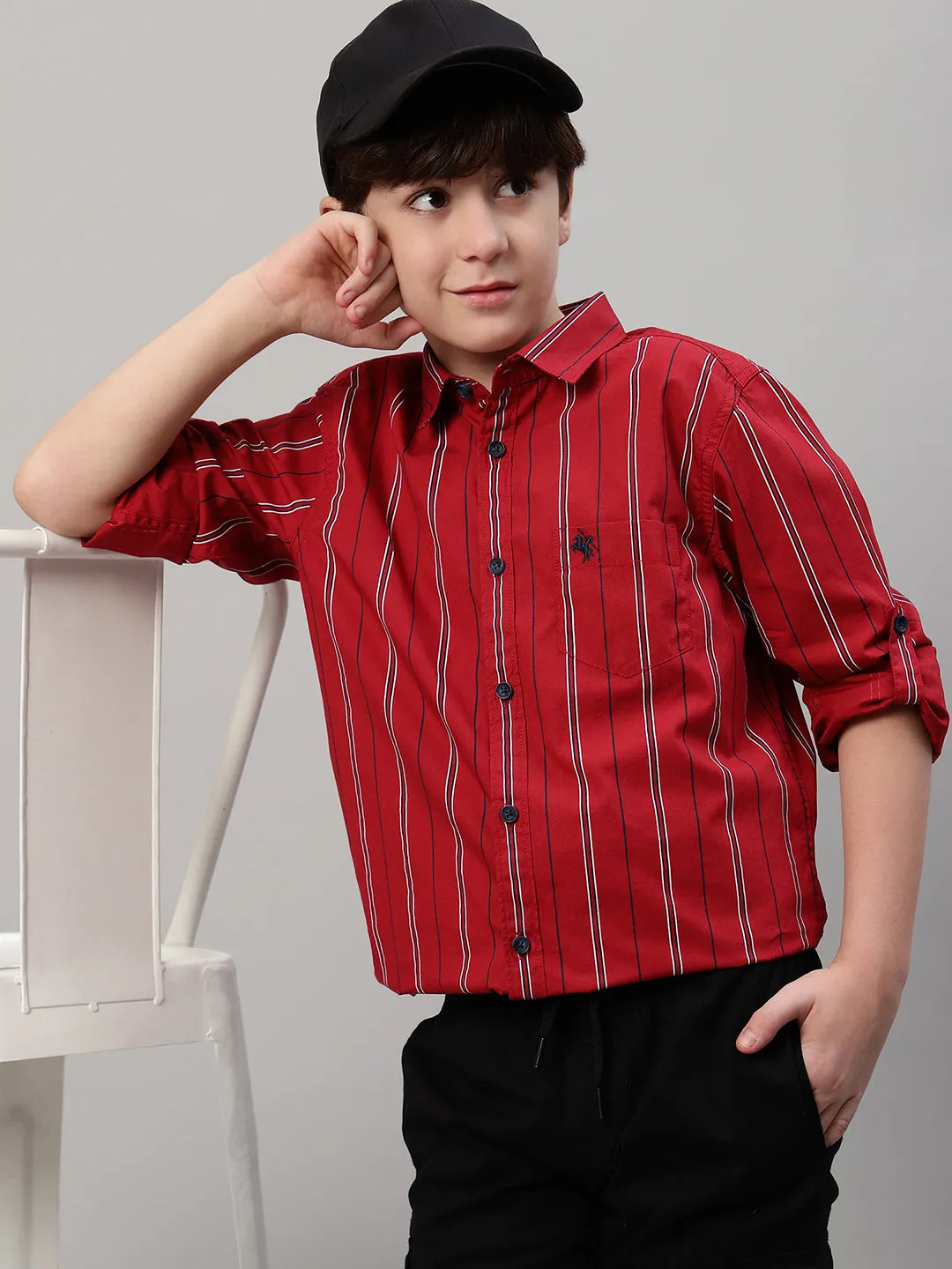 Boy's Maroon Striped Full Sleeve Shirt