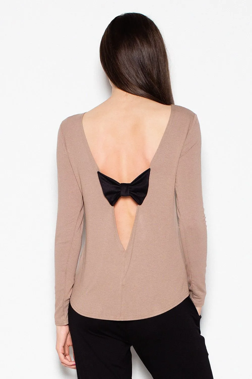 Chic Backless Blouse with Suede Bow Accent