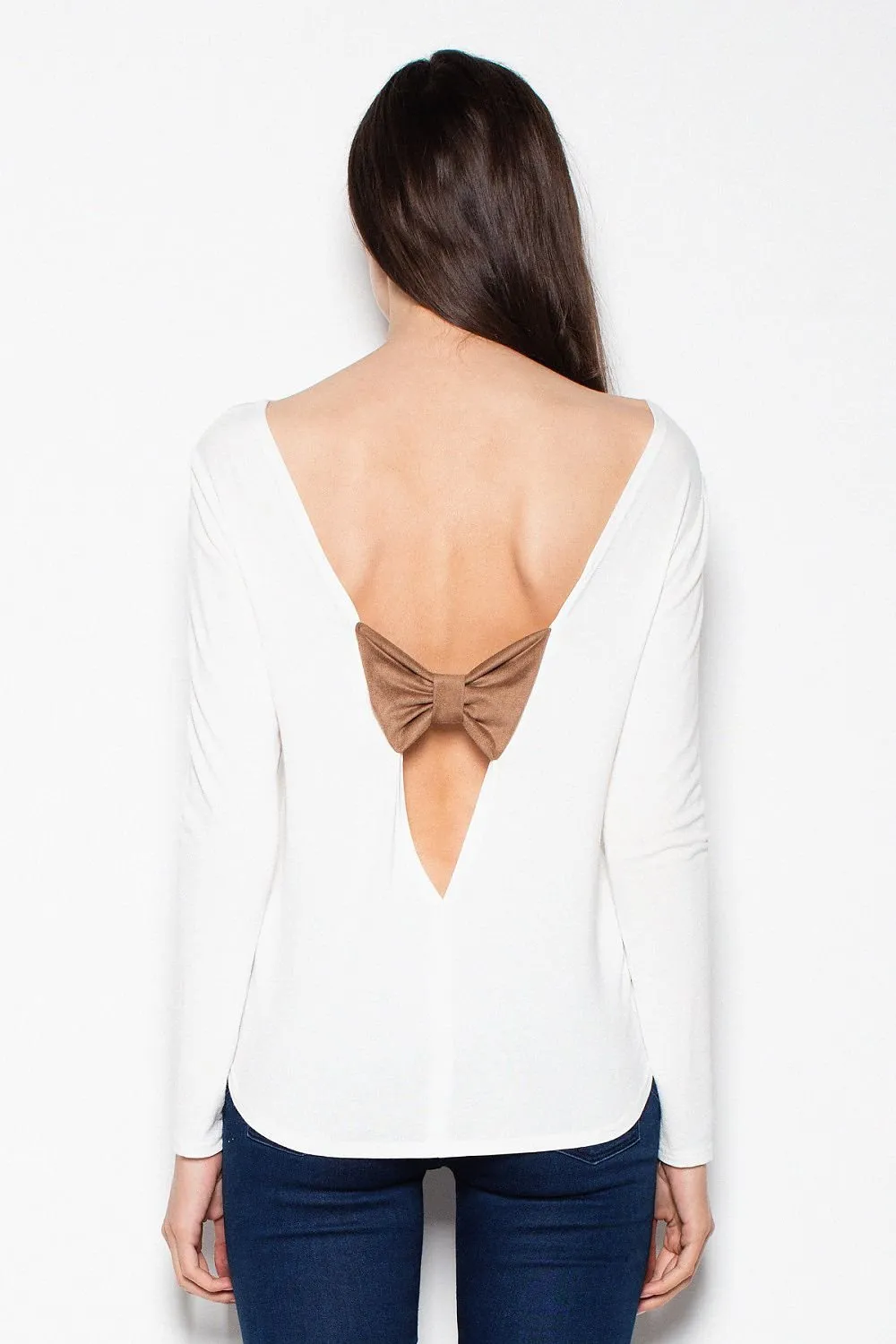 Chic Backless Blouse with Suede Bow Accent