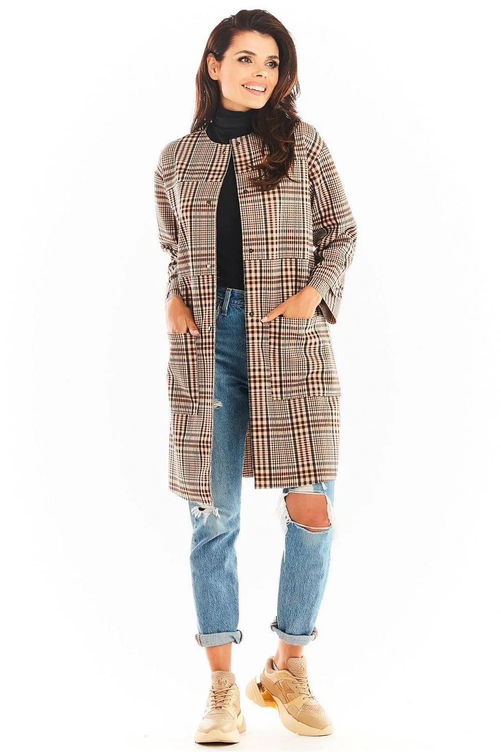 Chic Checkered Coat with Secure Snap Fasteners
