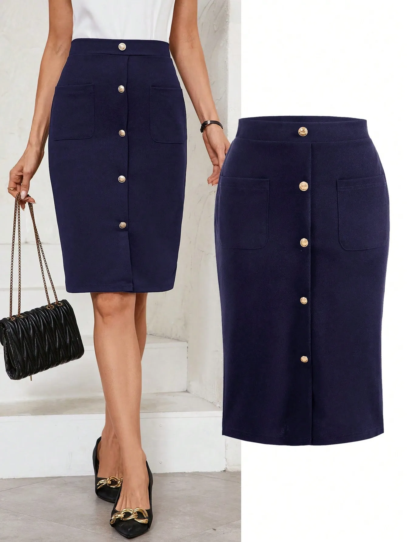 Clasi Women's Simple Metal Button Front Fitted Casual Skirt