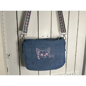 Lidia’s Bags Denim Cat Crossbody Bag Blue with Embroidered Design (C826-26)