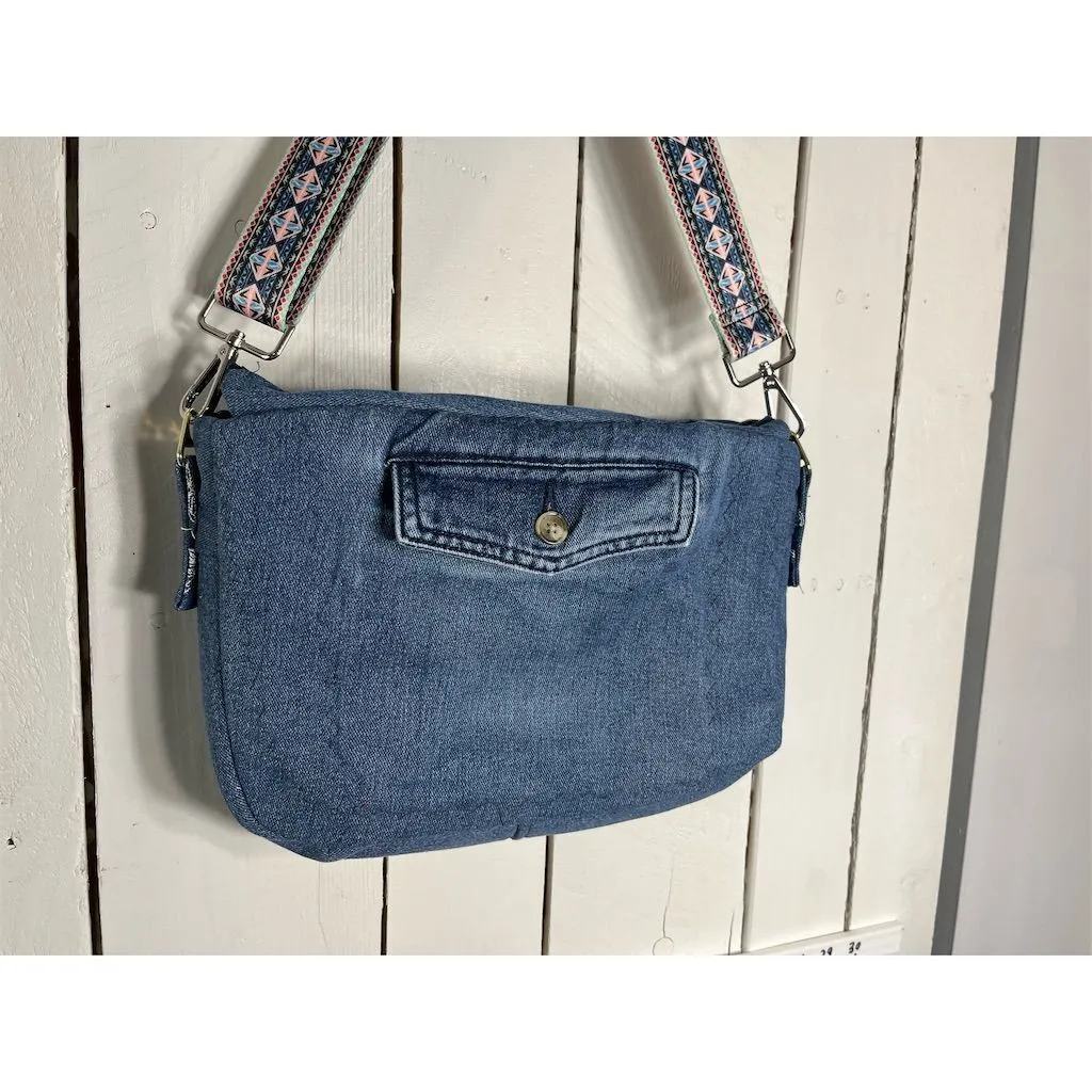 Lidia’s Bags Denim Cat Crossbody Bag Blue with Embroidered Design (C826-26)