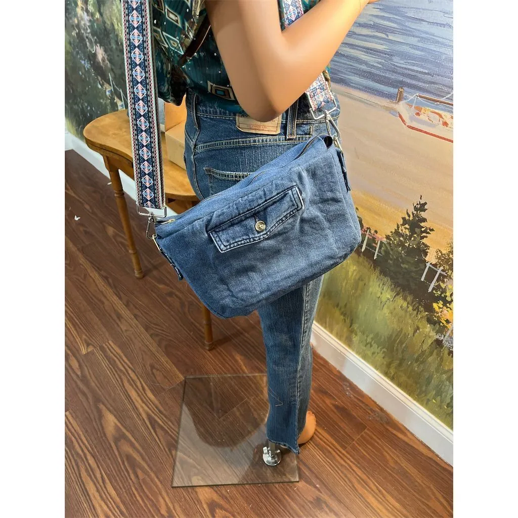 Lidia’s Bags Denim Cat Crossbody Bag Blue with Embroidered Design (C826-26)