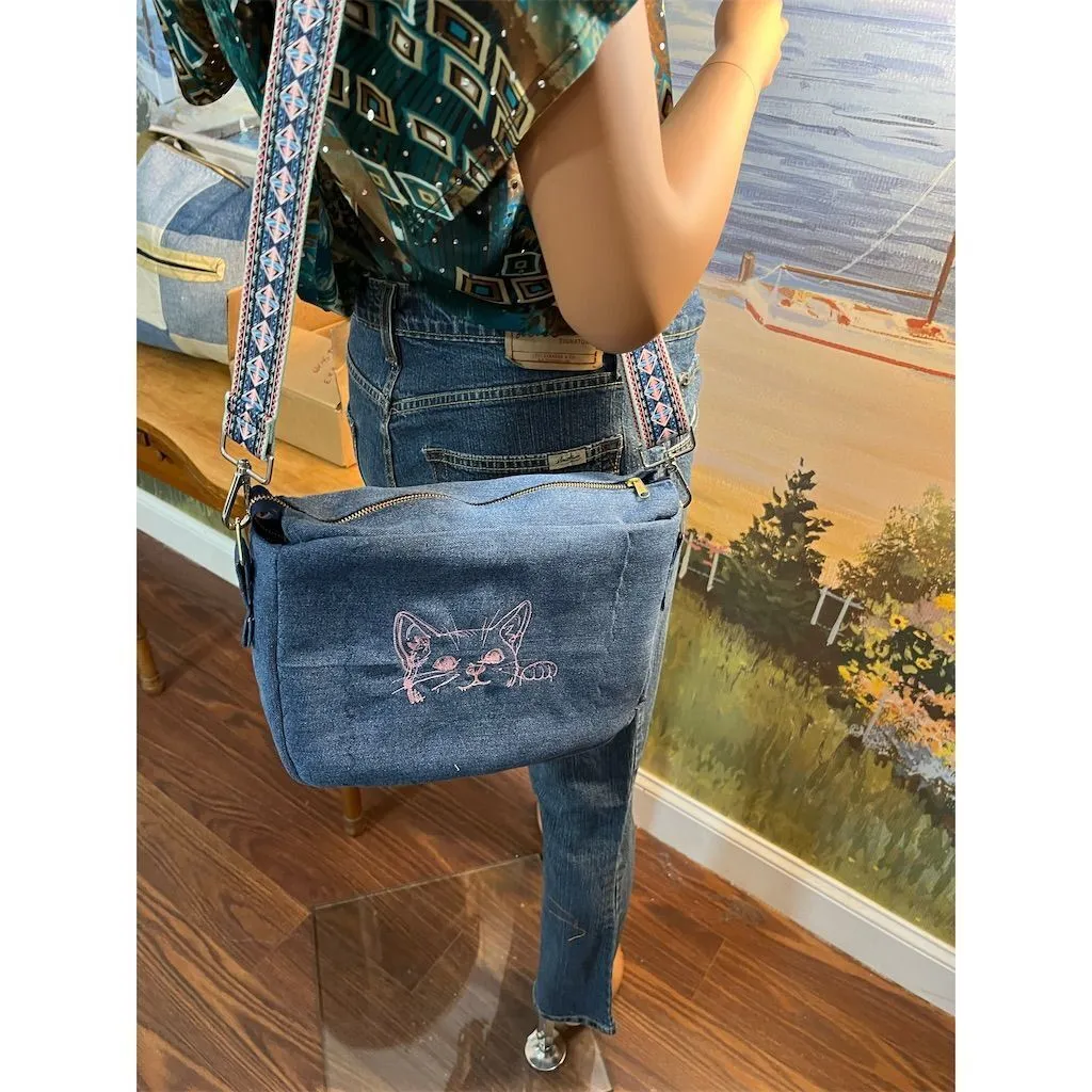 Lidia’s Bags Denim Cat Crossbody Bag Blue with Embroidered Design (C826-26)
