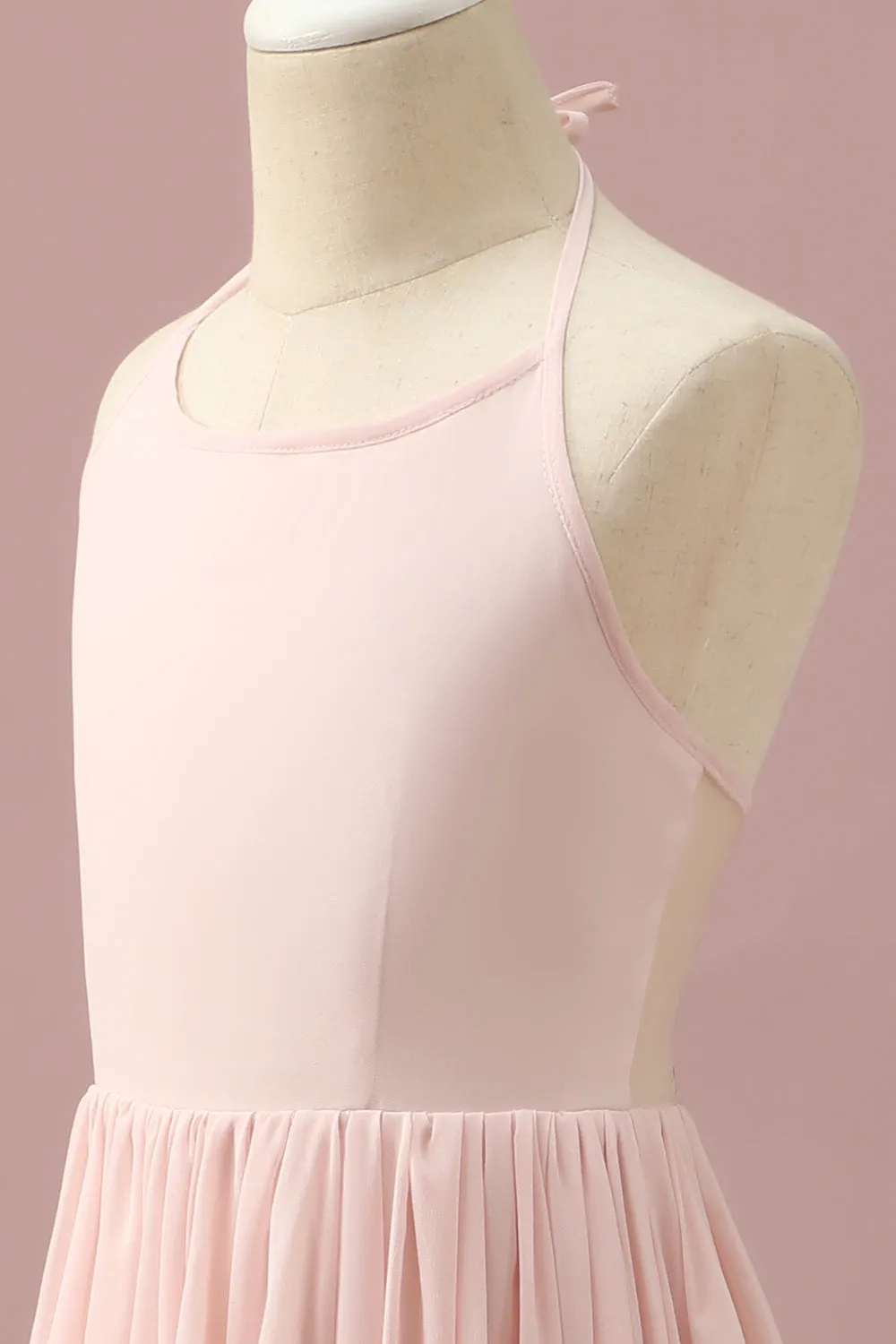 Light Pink Chiffon Halter High Low Junior Bridesmaid Dress