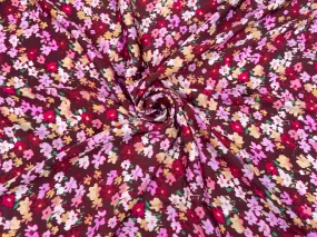 Lightweight  satin fabric by the yard - Burgundy brown pink  dainty floral pattern