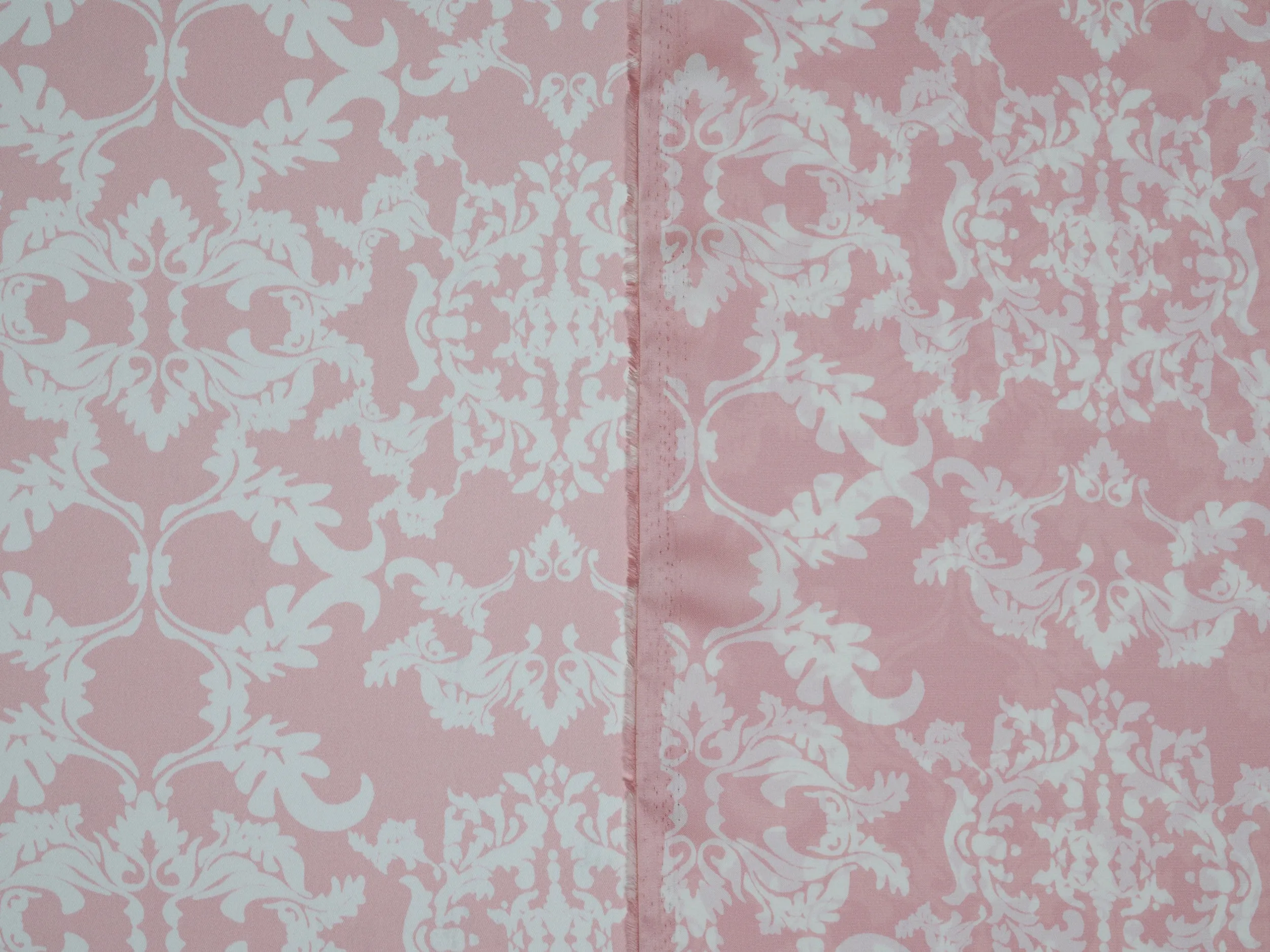 Lightweight  satin  fabric by the yard - Pink and off white damask print