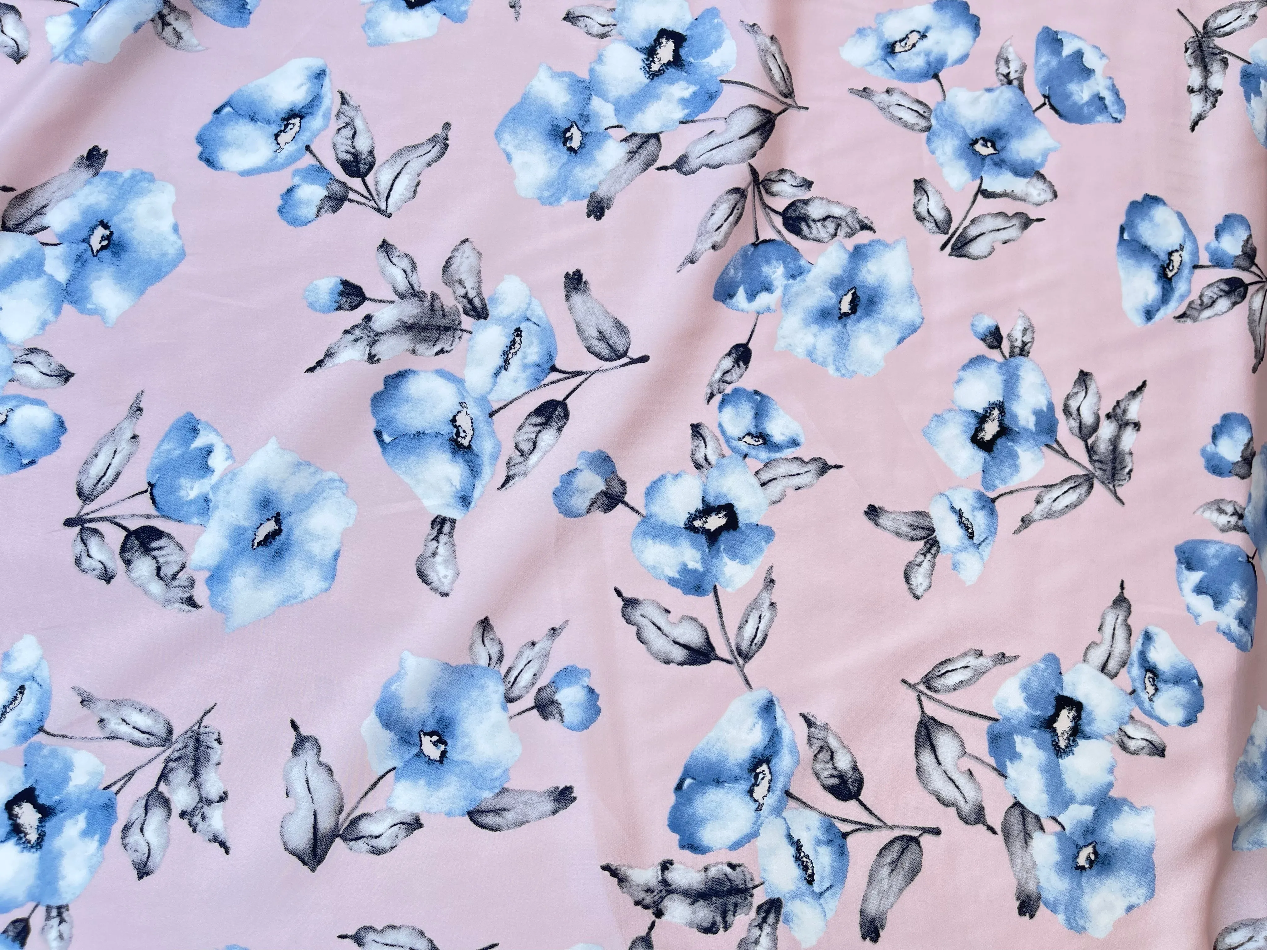 Lightweight  satin  fabric by the yard - Pink blue floral  print