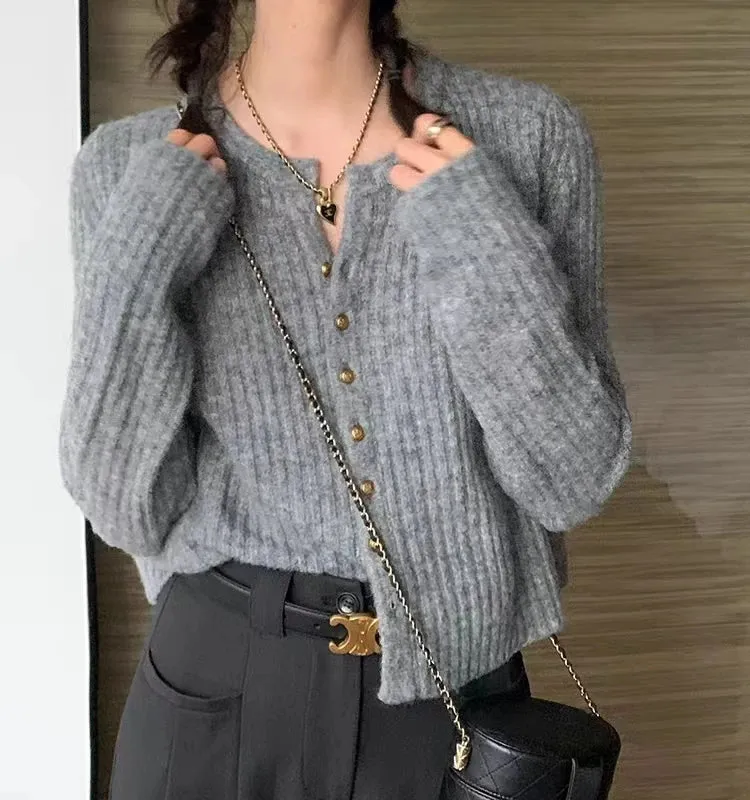 Luxe Gray Wool Cardigan Soft Knit Sweater for Autumn and Winter