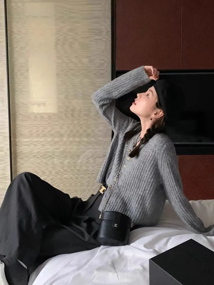 Luxe Gray Wool Cardigan Soft Knit Sweater for Autumn and Winter