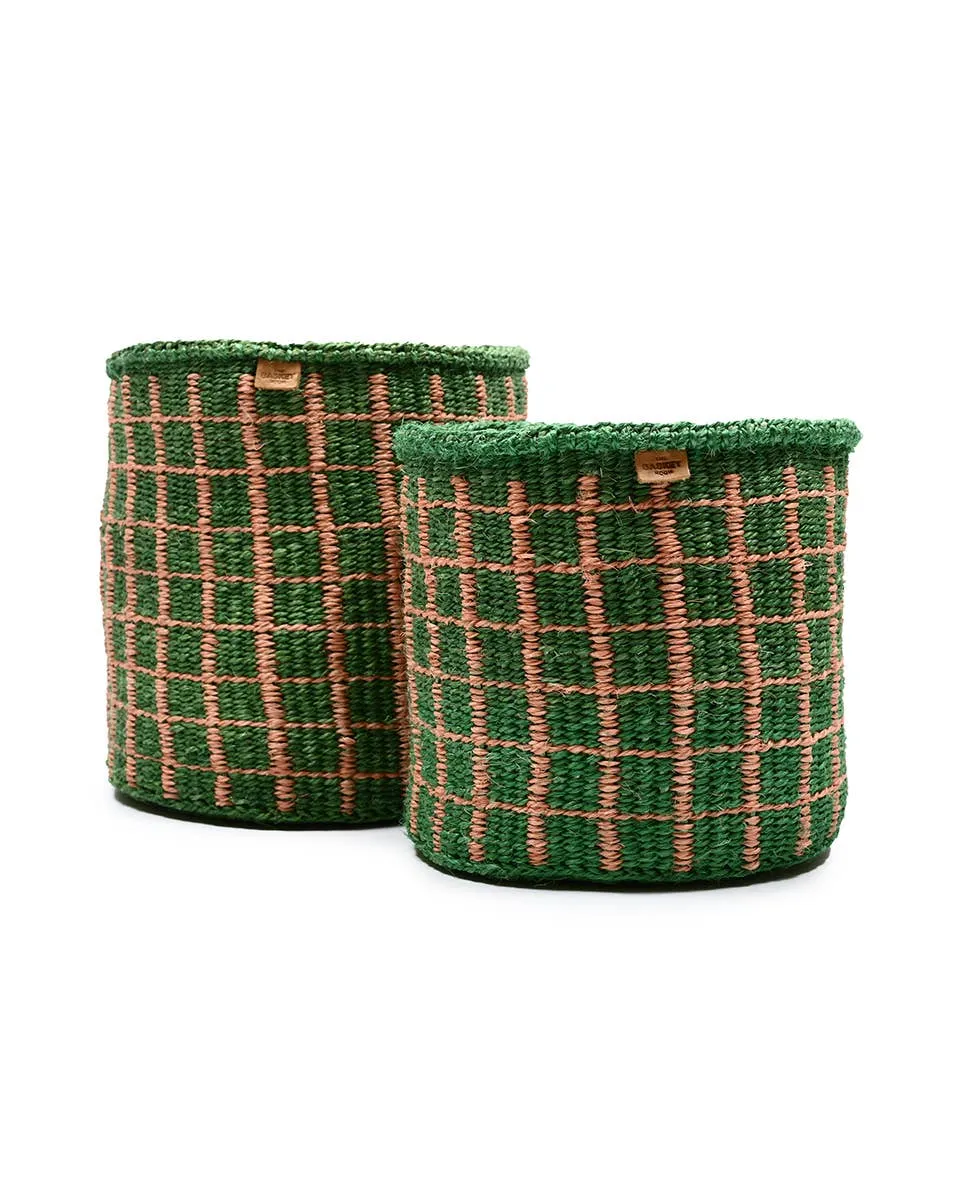 MAPATO: Green & Pink Check Woven Storage Basket: Green / M / Checked