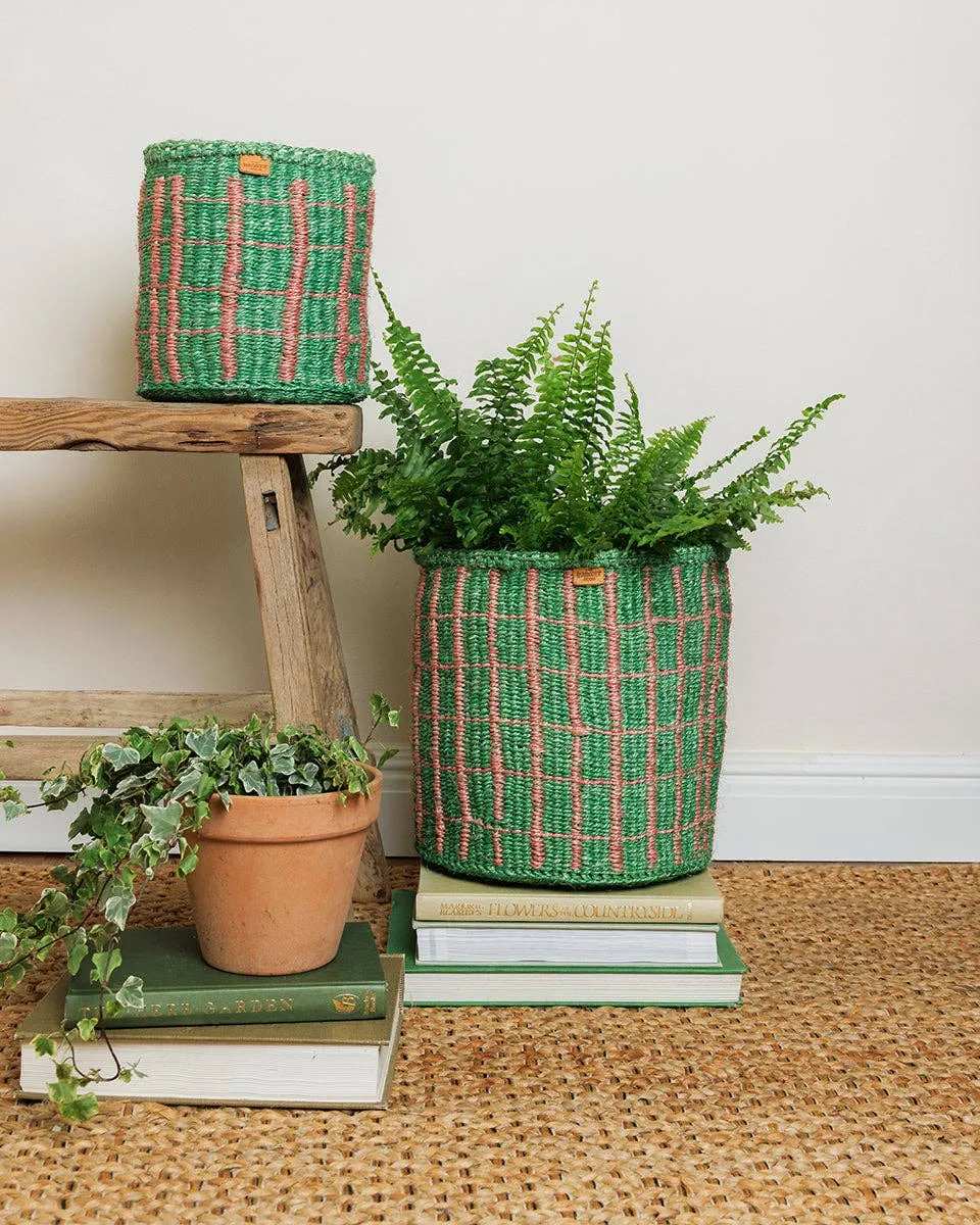 MAPATO: Green & Pink Check Woven Storage Basket: Green / M / Checked