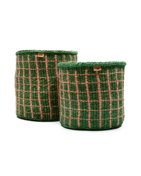 MAPATO: Green & Pink Check Woven Storage Basket: Green / M / Checked