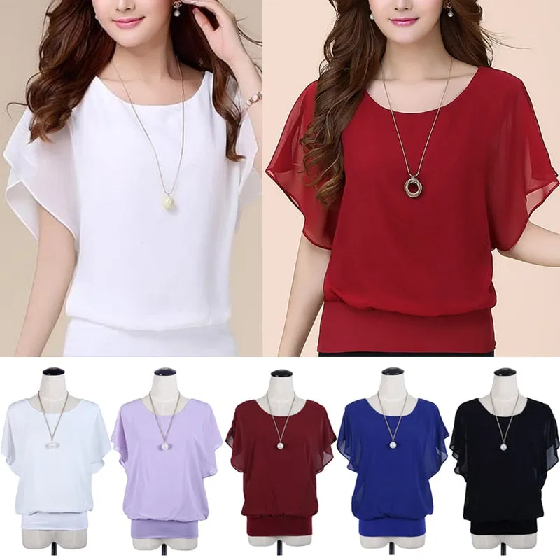 New Solid Short Sleeve Ruffle Batwing Short Shirt