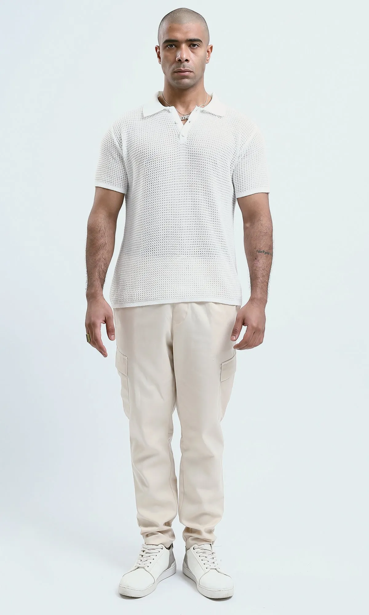 O182756 - Buttoned Neck White Knitted Polo Shirt