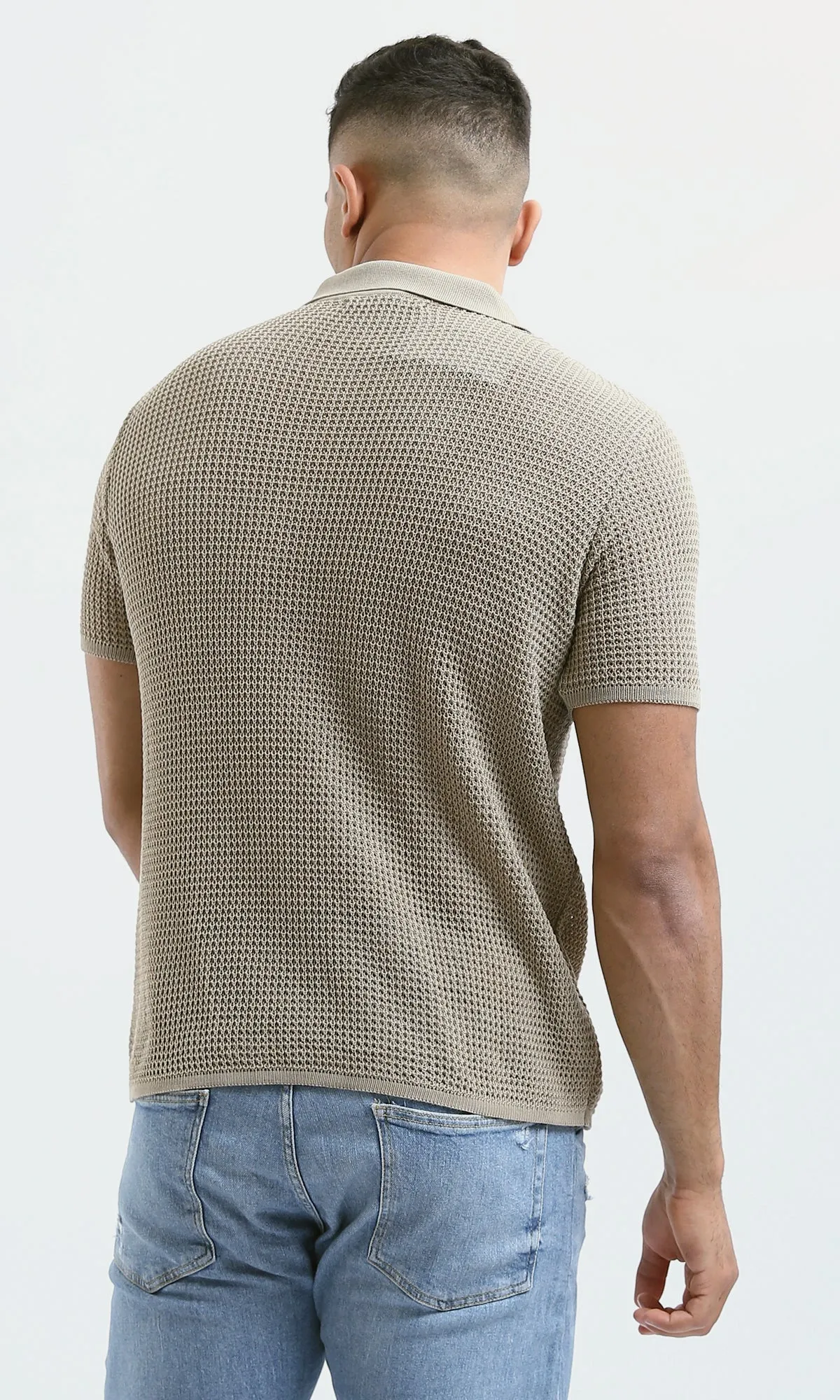 O182758 Buttoned Neck Dark Beige Knitted Polo Shirt