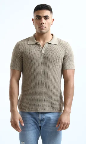 O182758 Buttoned Neck Dark Beige Knitted Polo Shirt