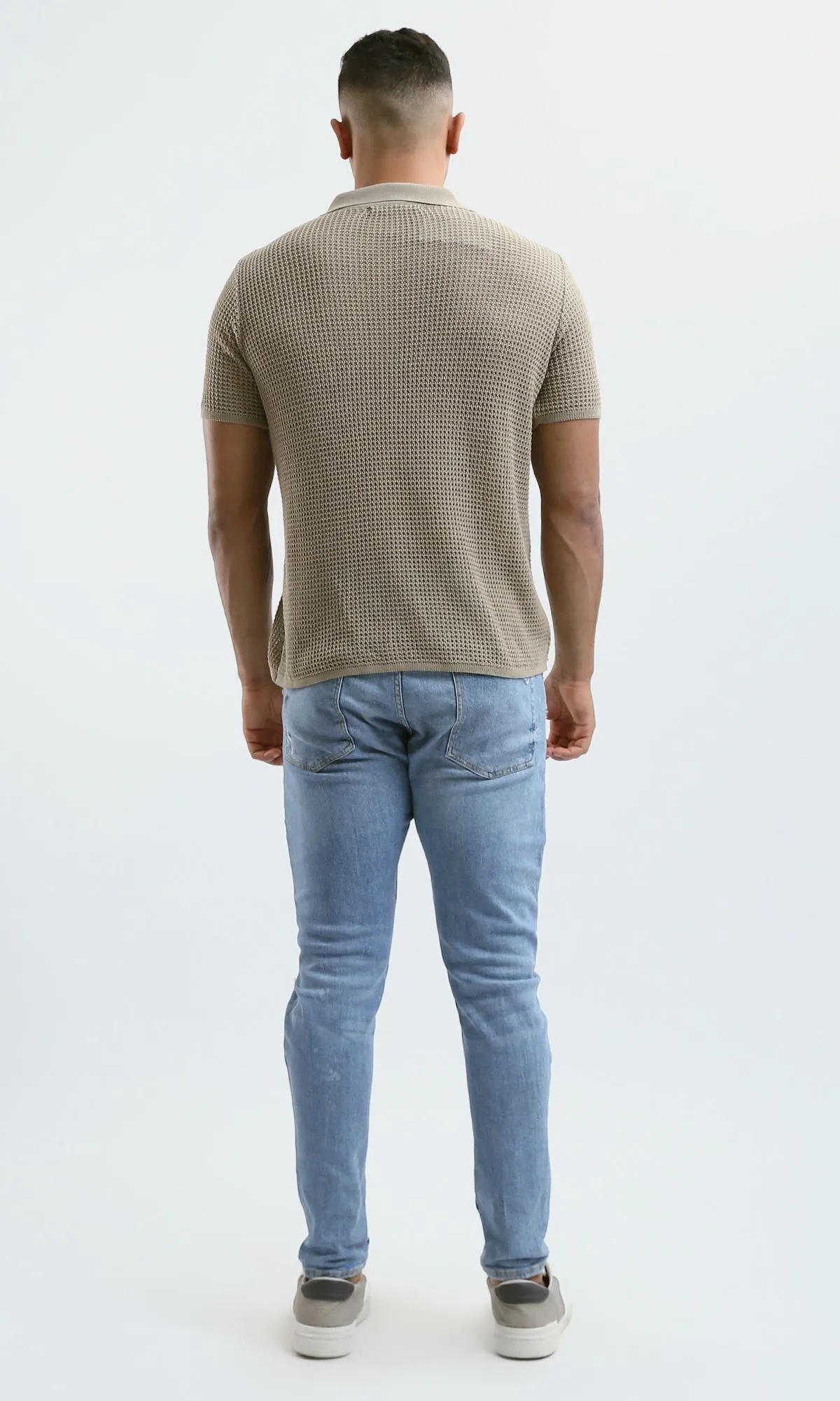 O182758 Buttoned Neck Dark Beige Knitted Polo Shirt