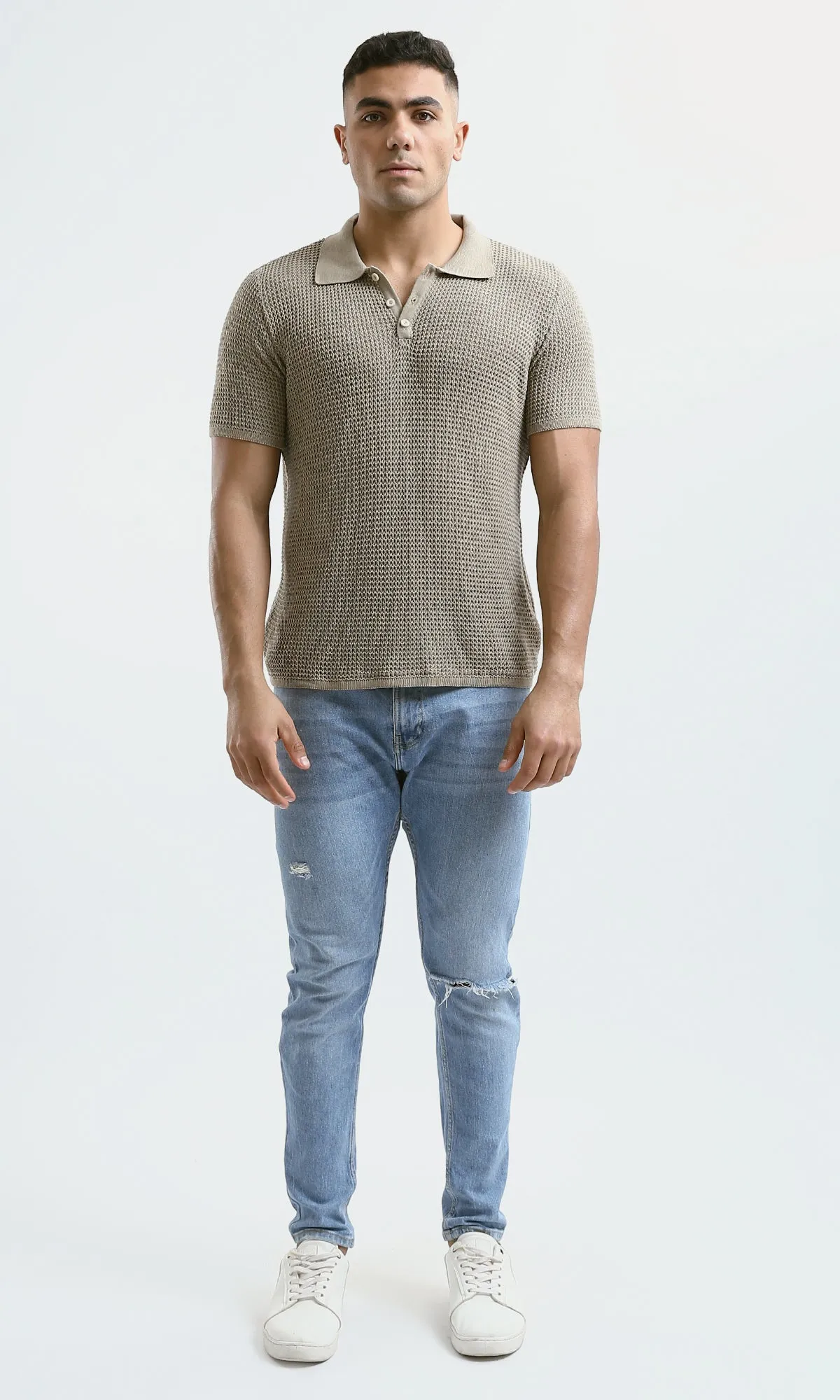O182758 Buttoned Neck Dark Beige Knitted Polo Shirt