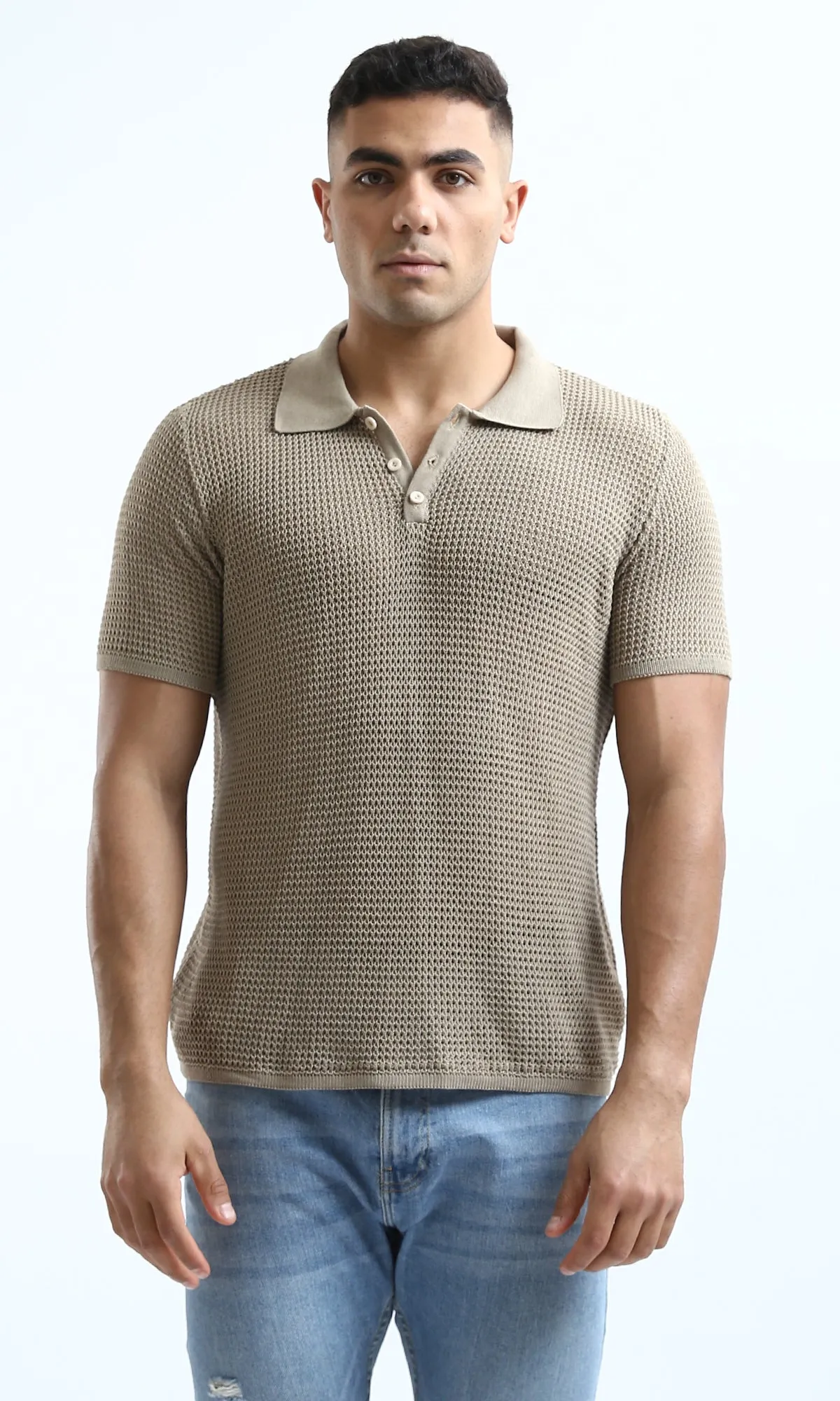 O182758 Buttoned Neck Dark Beige Knitted Polo Shirt
