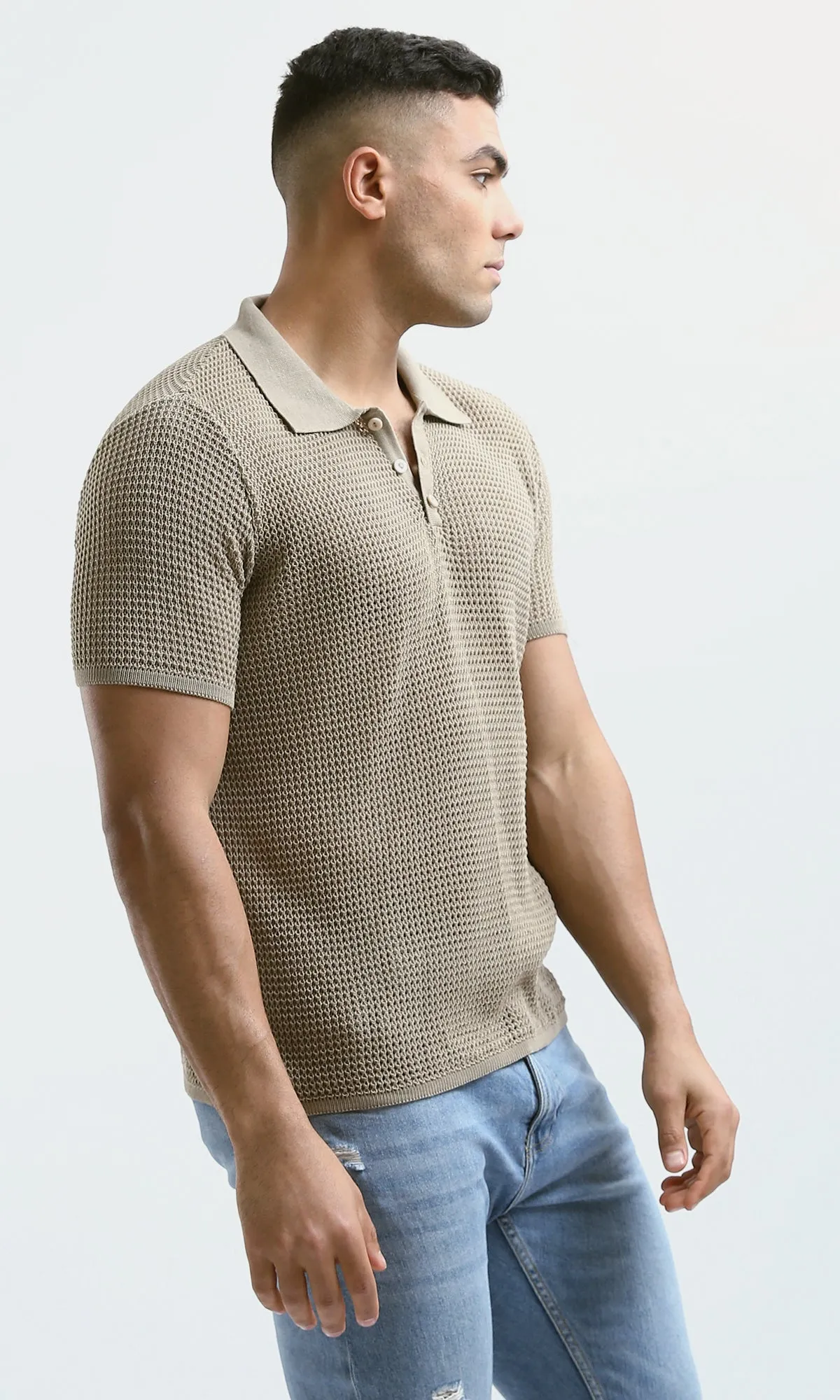 O182758 Buttoned Neck Dark Beige Knitted Polo Shirt
