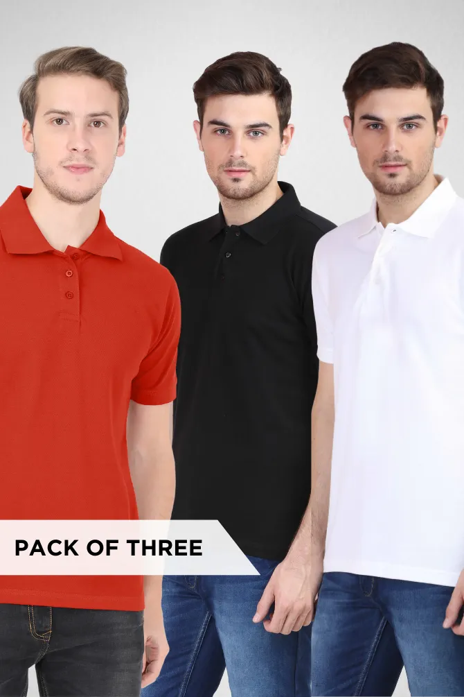 Pack Of 3 Polo T-Shirts White Black and Brick Red for Men