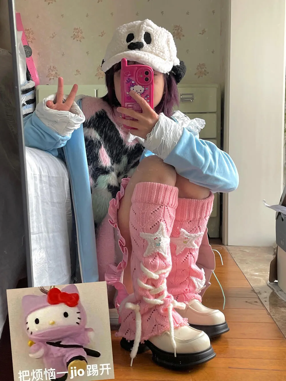 Pink Kitty Cat Star Patchwork Tied Knit Leg Warmers