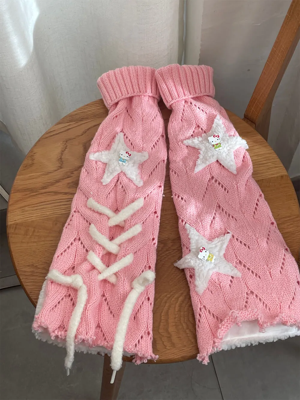 Pink Kitty Cat Star Patchwork Tied Knit Leg Warmers