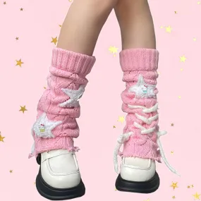 Pink Kitty Cat Star Patchwork Tied Knit Leg Warmers