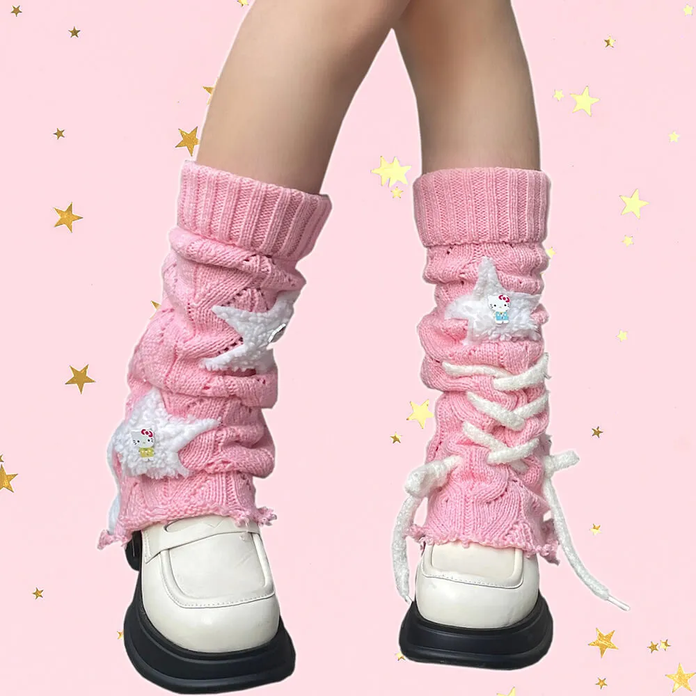 Pink Kitty Cat Star Patchwork Tied Knit Leg Warmers