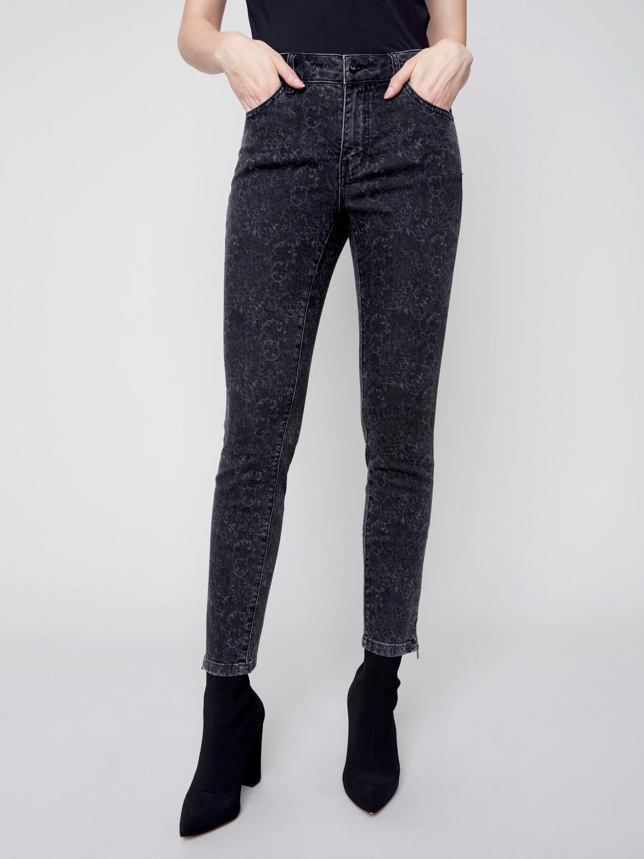 Printed Skinny Jeans with Side Zipper - Charcoal