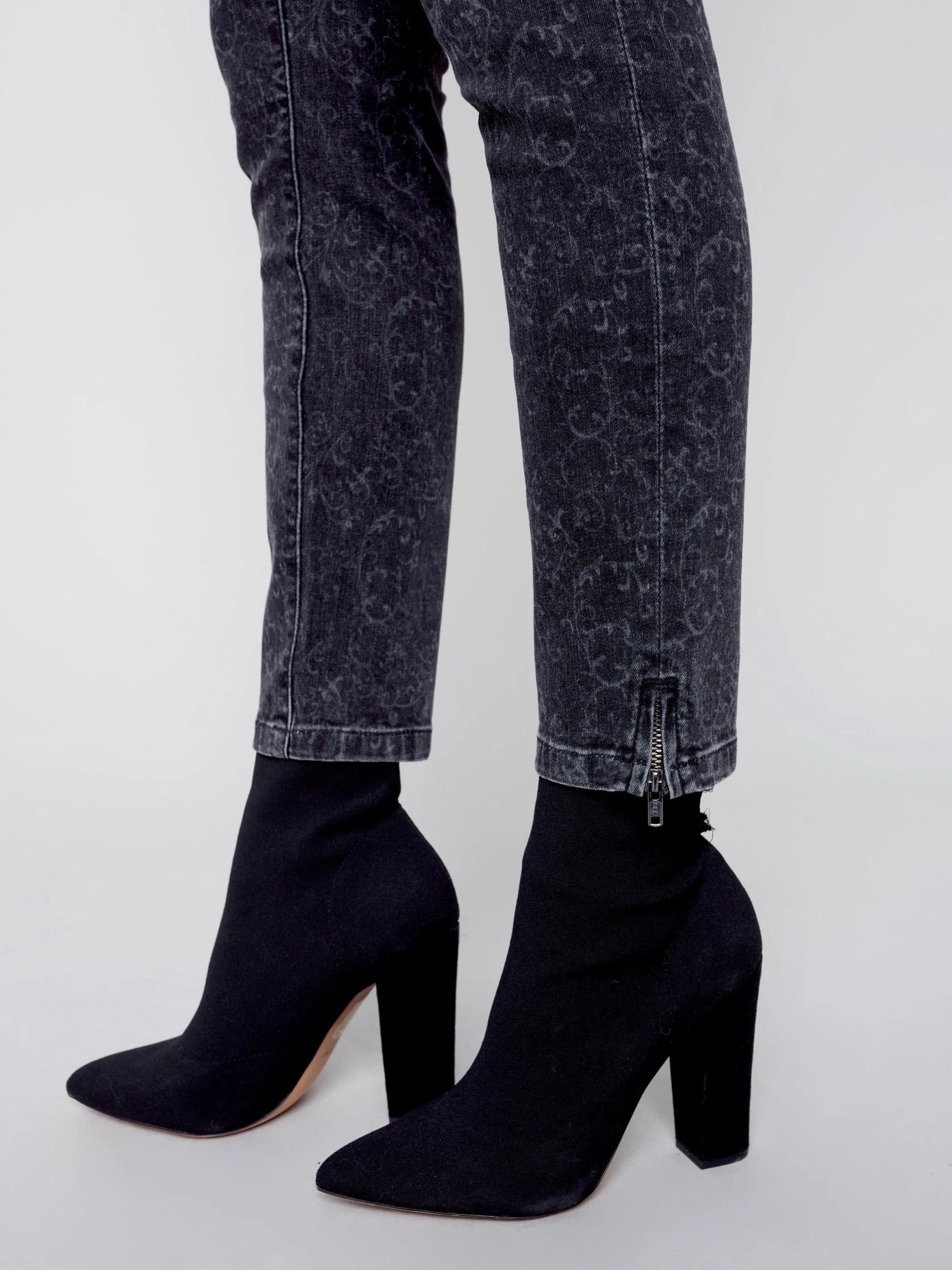 Printed Skinny Jeans with Side Zipper - Charcoal
