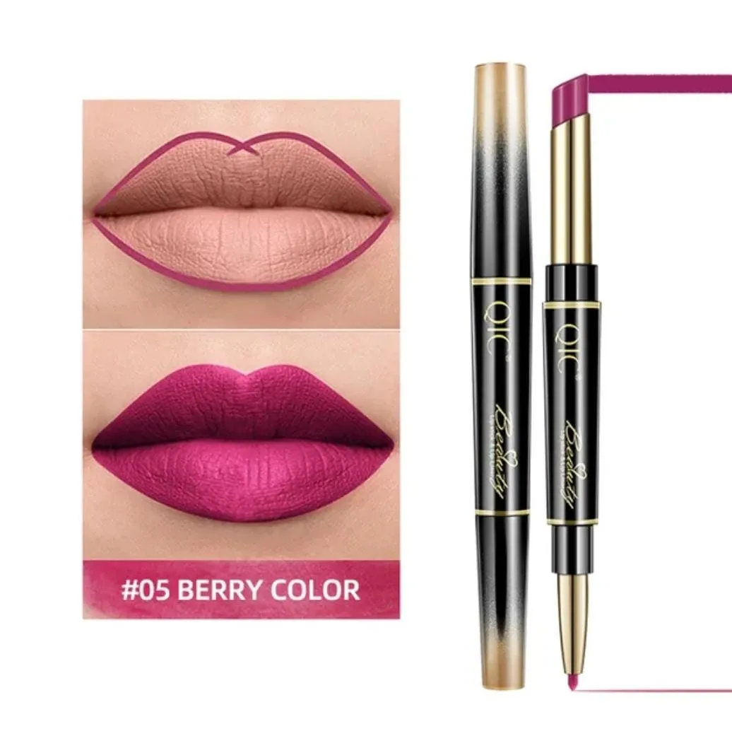 QIC 2In1 High-quality Pen Lips Matte Waterproof Long Lasting Permanent Lipstick Lipstick with A Contour Pencil Makeup Cosmetics