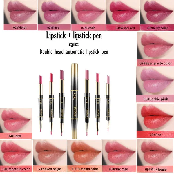QIC 2In1 High-quality Pen Lips Matte Waterproof Long Lasting Permanent Lipstick Lipstick with A Contour Pencil Makeup Cosmetics