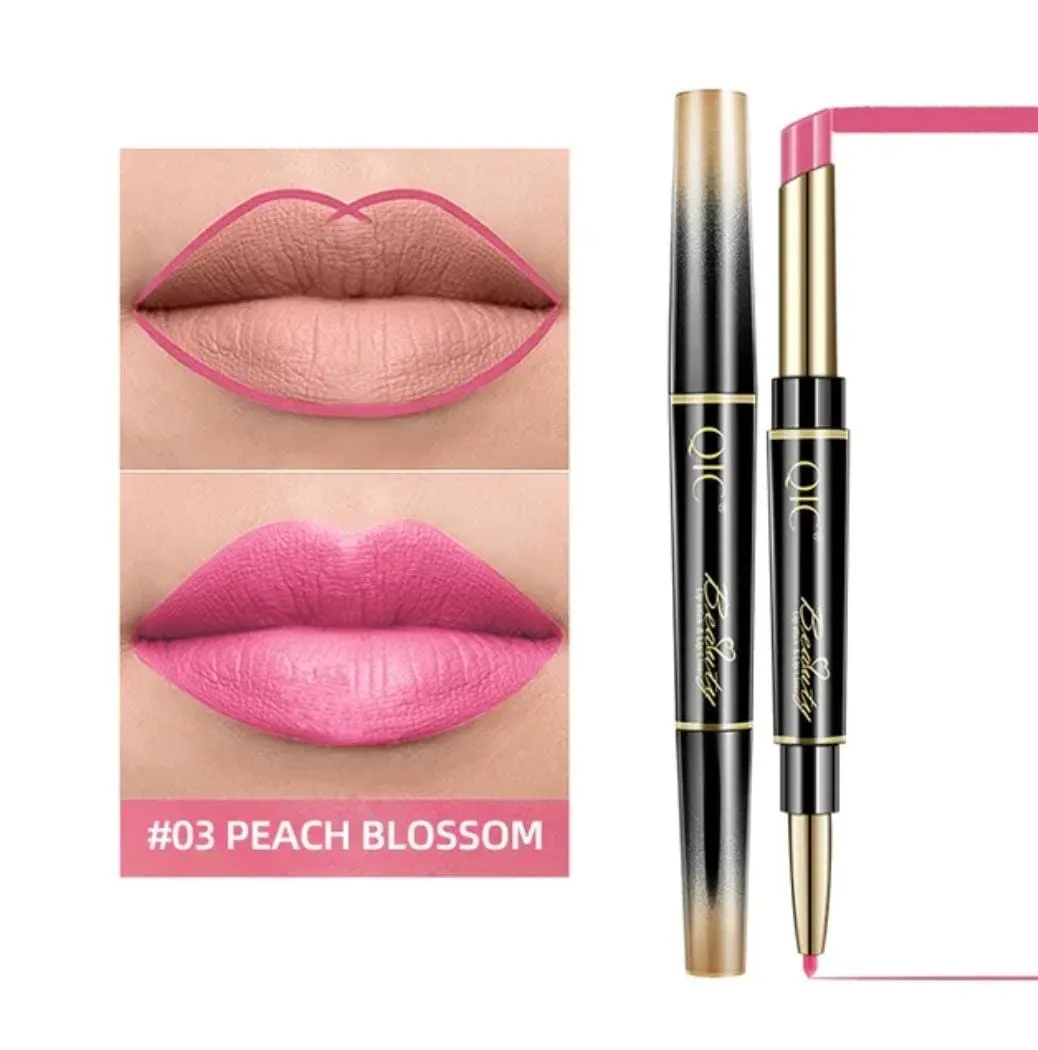 QIC 2In1 High-quality Pen Lips Matte Waterproof Long Lasting Permanent Lipstick Lipstick with A Contour Pencil Makeup Cosmetics