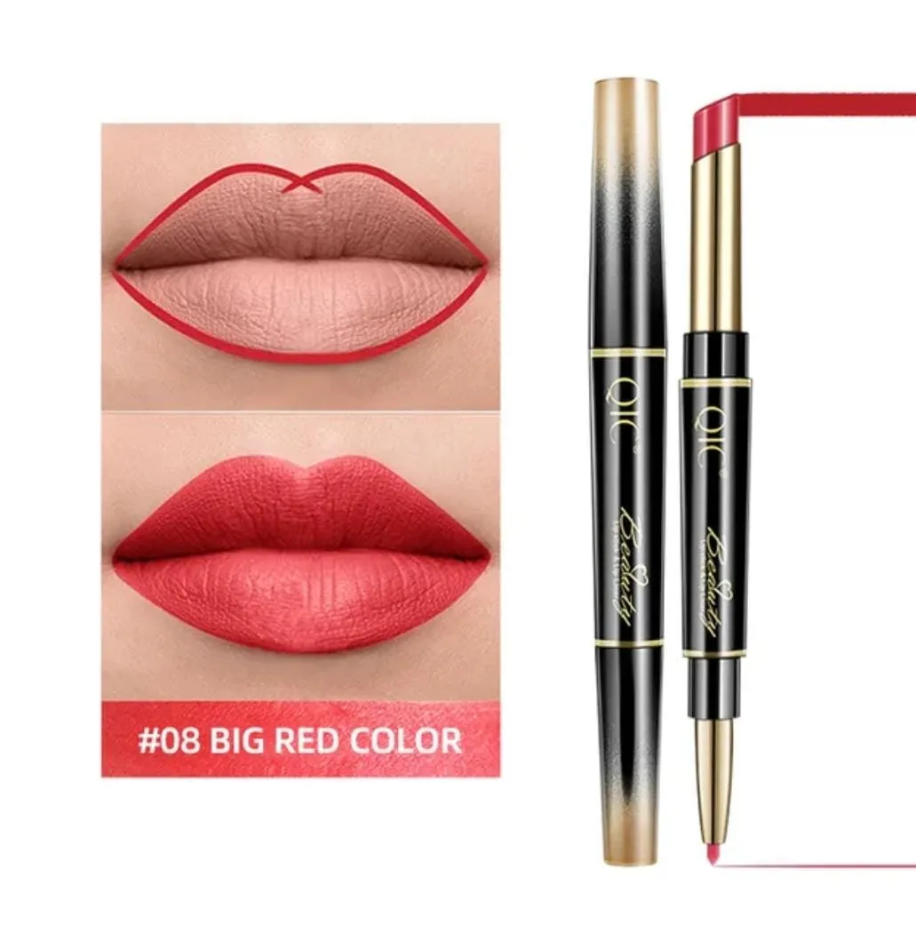 QIC 2In1 High-quality Pen Lips Matte Waterproof Long Lasting Permanent Lipstick Lipstick with A Contour Pencil Makeup Cosmetics