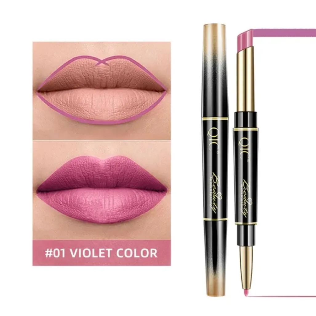 QIC 2In1 High-quality Pen Lips Matte Waterproof Long Lasting Permanent Lipstick Lipstick with A Contour Pencil Makeup Cosmetics