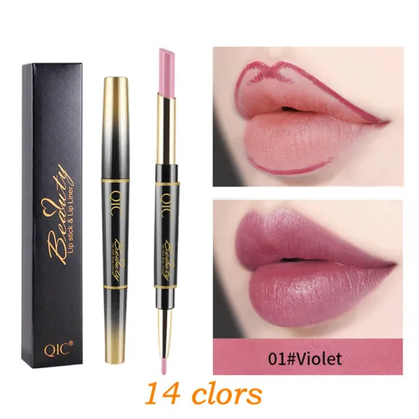 QIC 2In1 High-quality Pen Lips Matte Waterproof Long Lasting Permanent Lipstick Lipstick with A Contour Pencil Makeup Cosmetics
