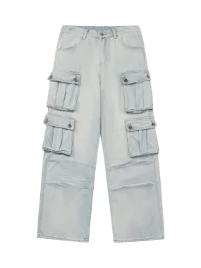 Sneakerhill Vintage Washed Multi-pocket Work Jeans