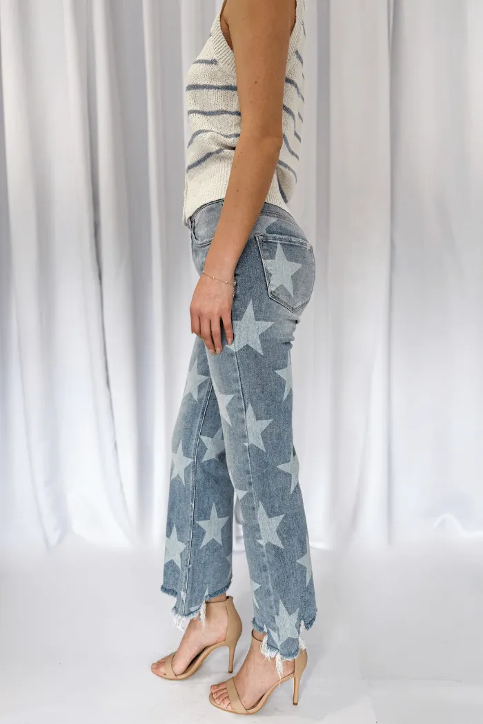 Star Print Straight Crop Denim