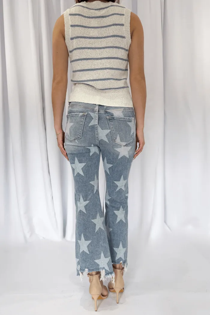 Star Print Straight Crop Denim