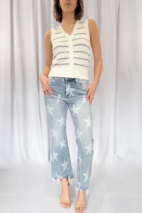 Star Print Straight Crop Denim