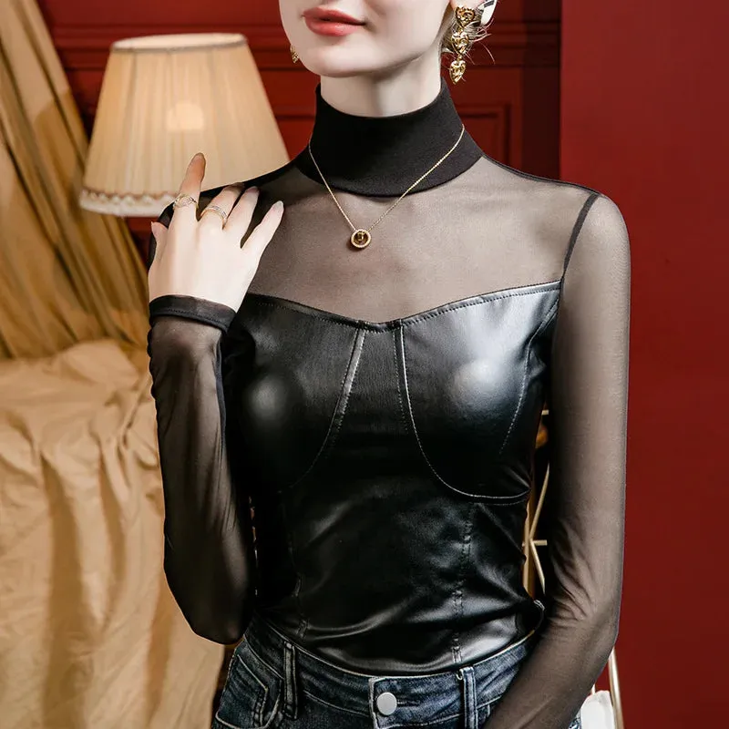 Trendy High Collar Mesh Leather Long-Sleeve